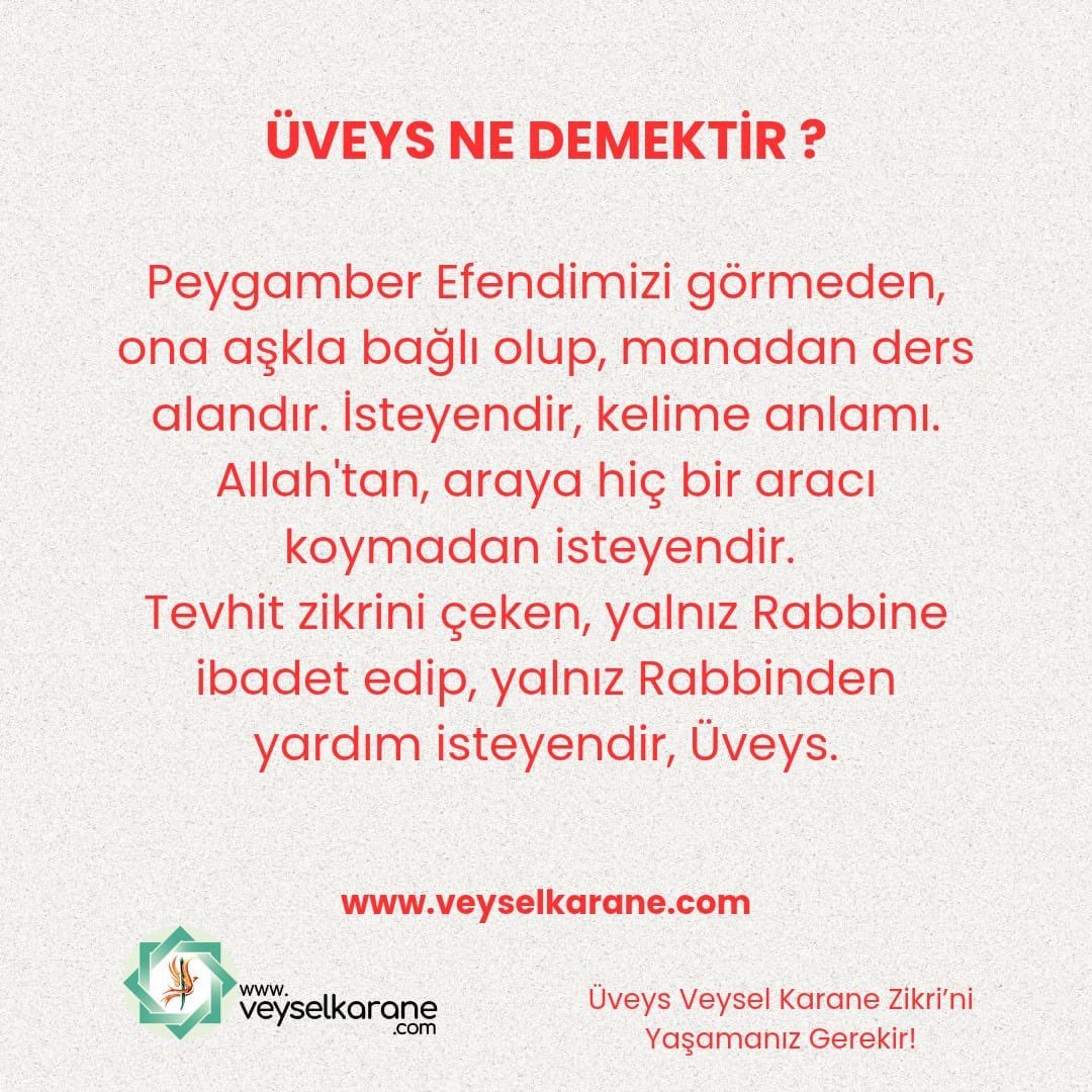 veyselkarane's tweet photo. Üveys Ne Demektir? 

1- Sabah ve akşam kısacık Tevhit zikriyle Allah’ı ve Resul’ünü zikreden, Fatiha’nın 4. Ayeti; ”Yalnız Sana ibadet ederiz ve yalnız Senden yardım dileriz.” Ayetini hayatının her alanına uyarlayan, ibadetlerini sevgiyle gerçekleştirendir… 

#ÜVEYSLİK https://t.co/RUoSgGc82p