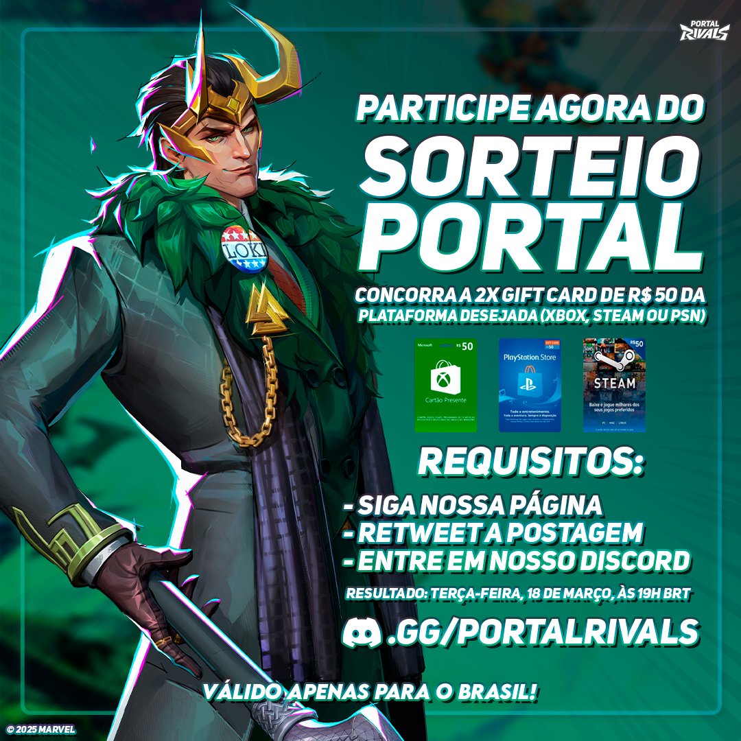 🚨 Bora participar?

Duas pessoas da comunidade serão sorteadas para receber 01 Cartão Presente de R$ 50 da Steam, Xbox ou PSN! 💰

Requisitos:

❤️ Siga nossa página
🔁 Retweet o post
🔗 Entre em nosso Discord (Link abaixo)

🗓️ Resultado: 18/03, 19h BRT! #MarvelRivals