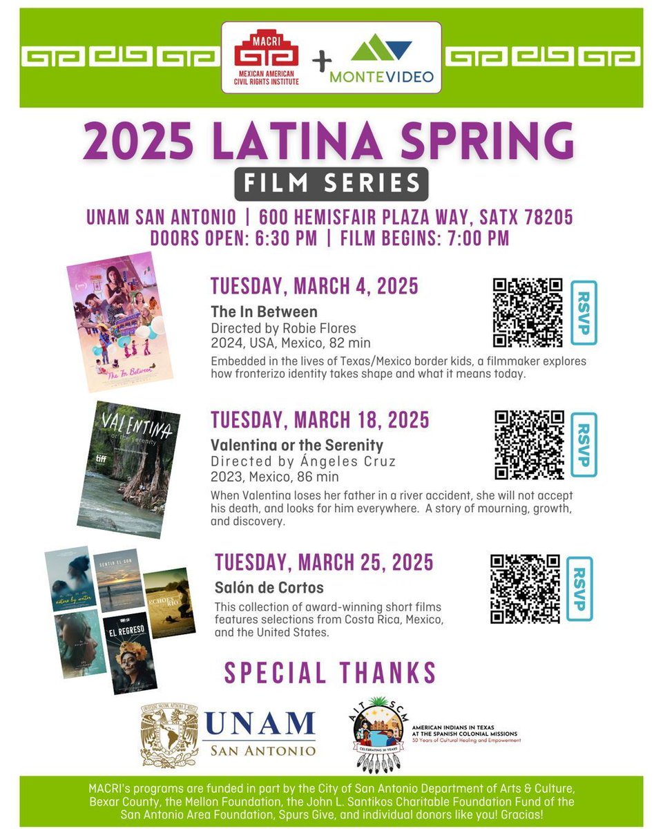 🎞️ Latina Spring continues this Tuesday! 🎞️ 

Join MACRI and MonteVideo in partnership with UNAM San Antonio for a film series celebrating Latina filmmakers! More information at somosmacri.org