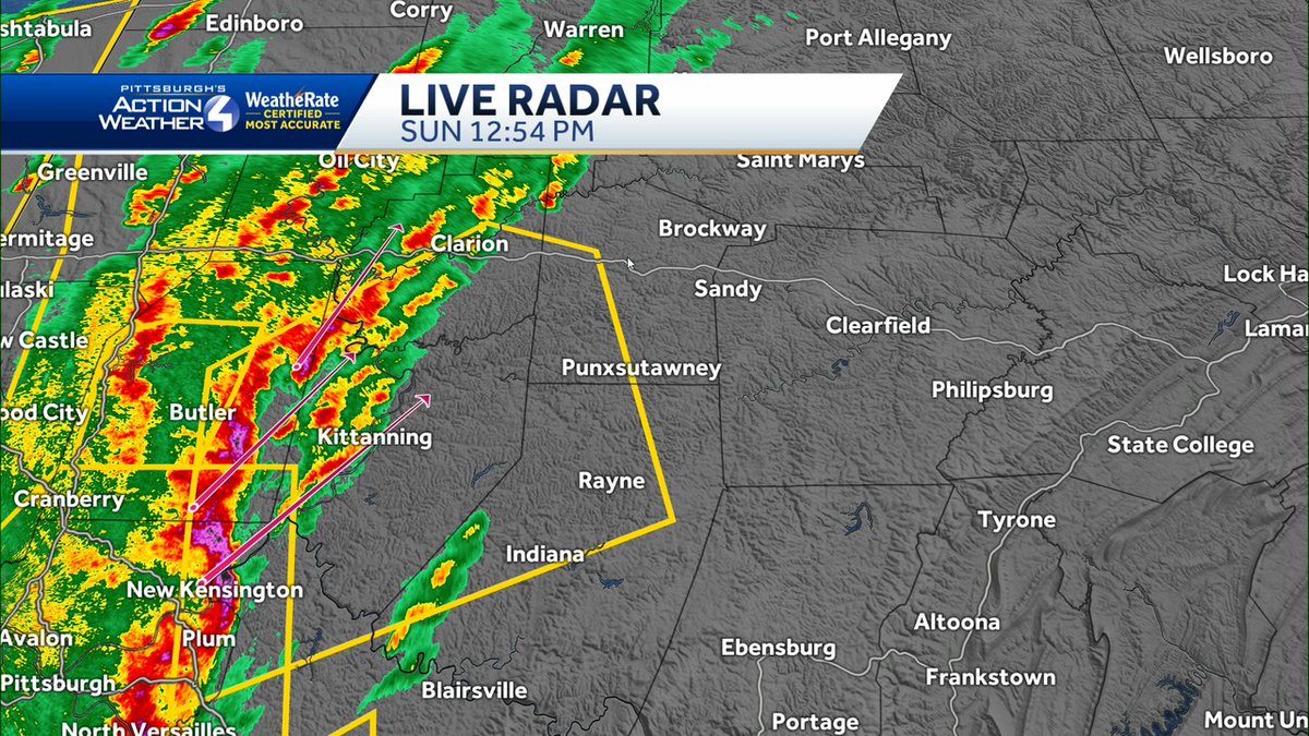 JillSzwedWTAE's tweet photo. The line of severe thunderstorms marches east. Damaging winds up to 70 mph are possible especially along a line from East Butler-Sarver-New Kensington-Leechburg. Also seeing lots of lightning and reports of hail. #AlertDay #pittsburgh @WTAE https://t.co/IcsjEDGbX6