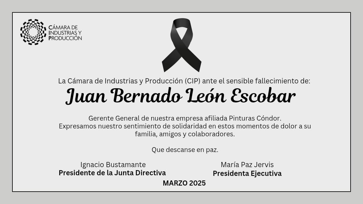 CamaraCIP's tweet photo. #Condolencias | Desde la #CIP extendemos nuestras más sinceras condolencias a la familia y amigos del señor Juan Bernardo León Escobar, Gerente General de nuestra empresa afiliada Pinturas Cóndor y entrañable amigo del gremio.
🕊️ Que en paz descanse. https://t.co/9K9BZ7u9XZ