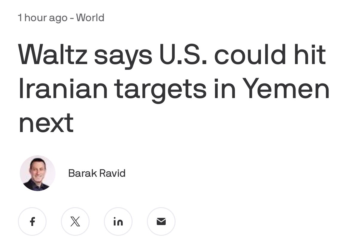 NickJFuentes's tweet photo. The Trump Admin is now talking about bombing Iranians in Yemen.

This is all being orchestrated by Israel to force the US into a war with Iran. Anybody celebrating the strikes is either ignorant or a completely disingenuous warmonger. https://t.co/ZbkaBpF9Yn