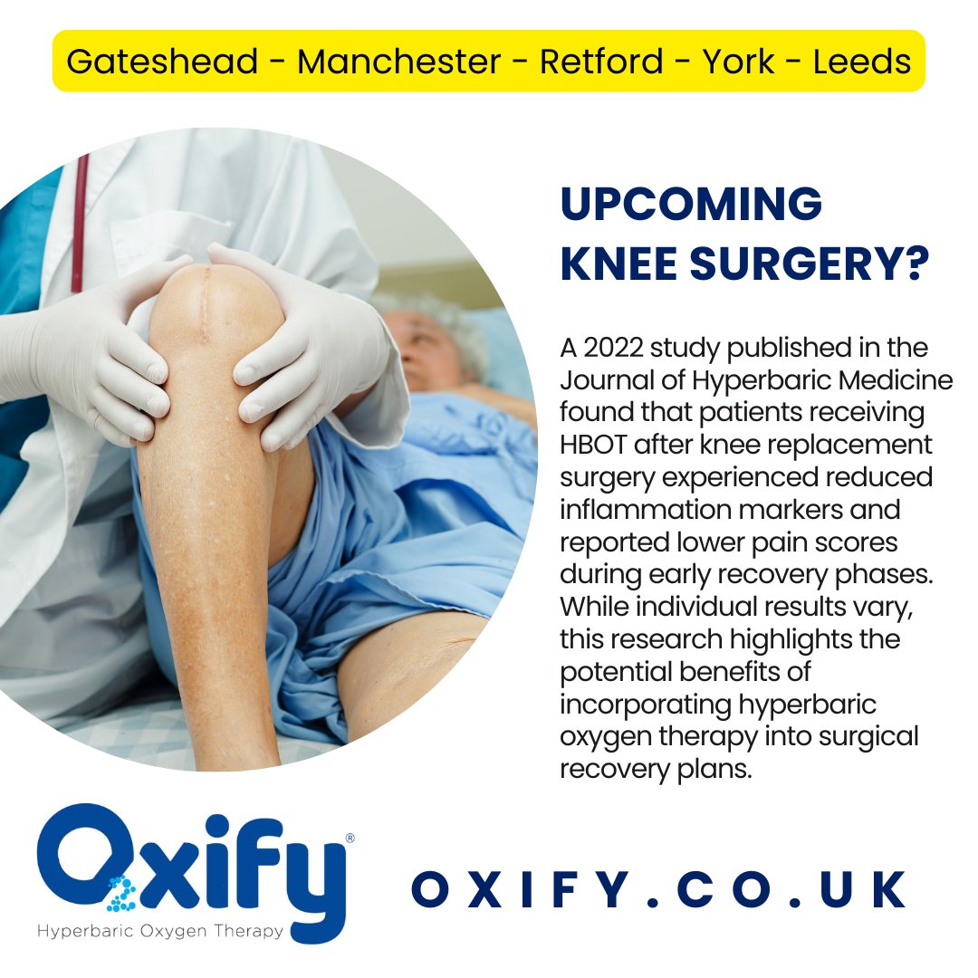 oxify_hbot's tweet photo. Upcoming knee surgery?
A 2022 study found that HBOT helps reduce pain &amp; inflammation after knee replacement surgery. If you’re preparing for surgery, consider adding HBOT to your recovery plan for faster healing
- Manchester, Gateshead, Retford, Leeds, and York. https://t.co/3ztjwaCRqH