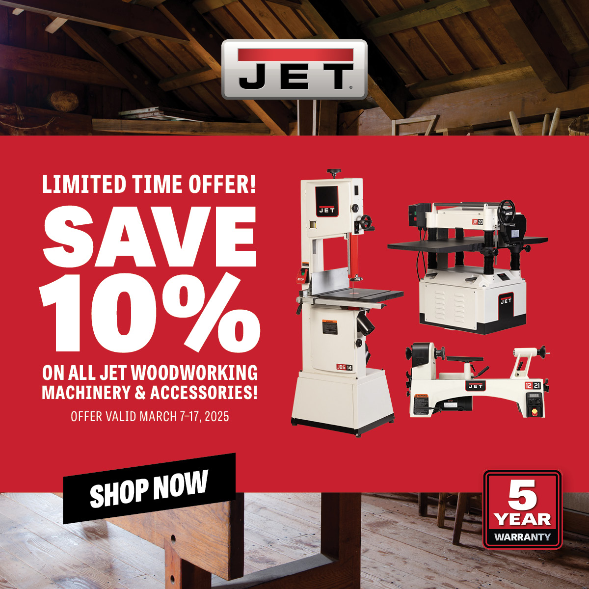 Toolstoday's tweet image. 🔥 **JET Sale!** 🔥 Save **10%** on JET Woodworking Machinery &amp;amp; Accessories from **March 7-17, 2025**! 🛠️ Plus, enjoy a **5-Year Warranty** on every purchase. Don’t miss out—shop now! 👉 bit.ly/3US8Vou

#JETTools #Woodworking #ToolDeals