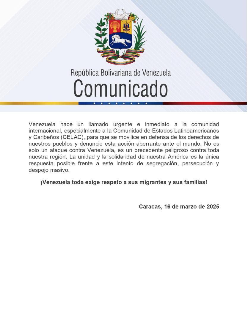 Psuv_delta's tweet photo. #Comunicado 📢 VENEZUELA RECHAZA APLICACIÓN DE UNA LEY ANACRÓNICA, VIOLATORIA DE LOS DERECHOS HUMANOS E ILEGAL, CONTRA NUESTROS MIGRANTES

La República Bolivariana de Venezuela rechaza de manera categórica y contundente la proclama del gobierno de los Estados Unidos, que criminaliza de forma infame e injusta a la migración venezolana, en un acto que evoca los episodios más oscuros de la historia de la Humanidad, desde la esclavitud hasta el horror de los campos de concentración nazi.
