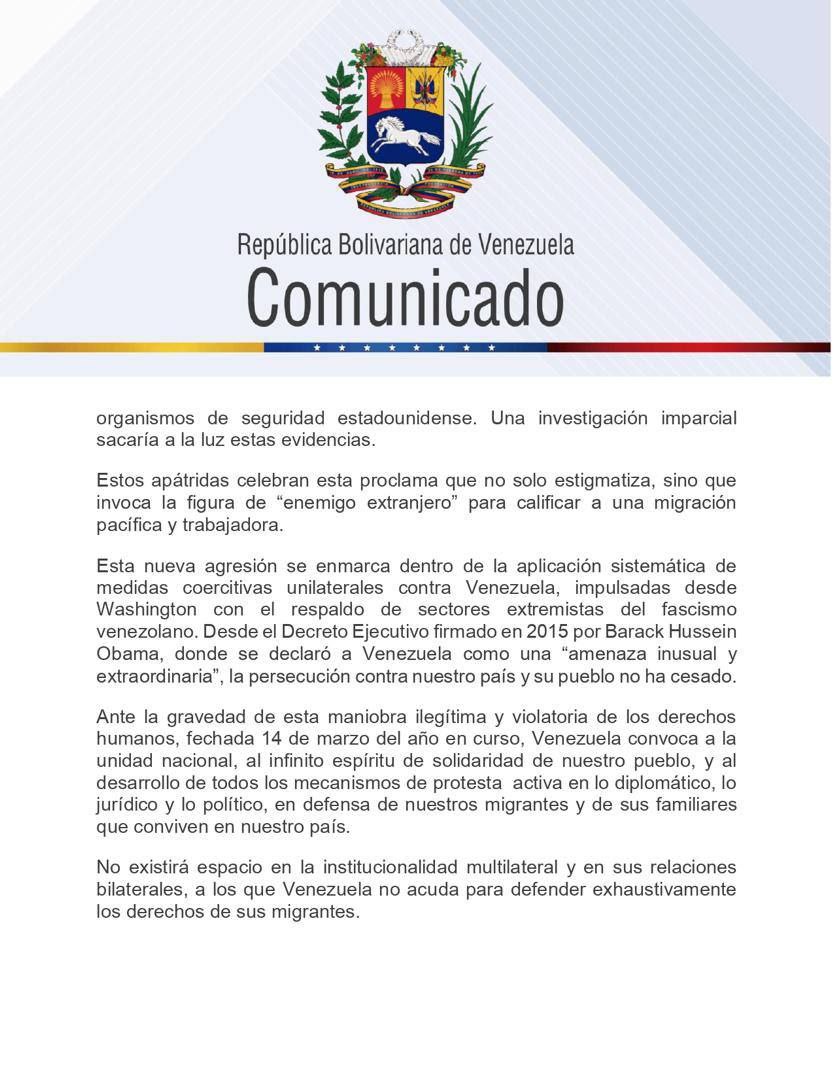Psuv_delta's tweet photo. #Comunicado 📢 VENEZUELA RECHAZA APLICACIÓN DE UNA LEY ANACRÓNICA, VIOLATORIA DE LOS DERECHOS HUMANOS E ILEGAL, CONTRA NUESTROS MIGRANTES

La República Bolivariana de Venezuela rechaza de manera categórica y contundente la proclama del gobierno de los Estados Unidos, que criminaliza de forma infame e injusta a la migración venezolana, en un acto que evoca los episodios más oscuros de la historia de la Humanidad, desde la esclavitud hasta el horror de los campos de concentración nazi.