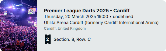 PricedUp.Bet (@pricedupbet) on Twitter photo 🚨 COMPETITION TIME! 🚨
We're giving away two tickets for this week's Premier League Darts in Cardiff on Thursday night!🎯😍
For a chance to win:
1⃣ Follow <a href="/PricedUpBet/">PricedUp.Bet</a>
2⃣ R/T this post
3⃣ Tag a mate who you'd take with you
Winner announced 9pm Monday. Good luck! 🚨 COMPETITION TIME! 🚨
We're giving away two tickets for this week's Premier League Darts in Cardiff on Thursday night!🎯😍
For a chance to win:
1⃣ Follow <a href="/PricedUpBet/">PricedUp.Bet</a>
2⃣ R/T this post
3⃣ Tag a mate who you'd take with you
Winner announced 9pm Monday. Good luck!