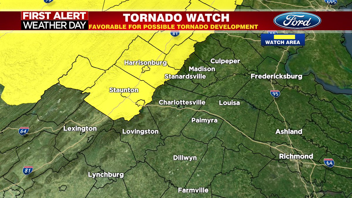 29NewsWVIR's tweet image. Tornado Watch for portions of the Shenandoah Valley until 7 PM Sunday. Conditions favorable in and near the Watch area for severe storms, that may produce isolated tornadoes. Stay Weather Aware!  #tornadowatch #shenandoahvalley