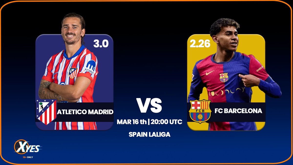 Xyes_com's tweet image. 🔥 Get ready for a showdown! 

On March 16, 2025, at 20:00 UTC, La Liga brings you a blockbuster clash: Atlético Madrid takes on fierce rivals FC Barcelona. 💥

Sparks will fly between these two giants—who will come out on top? 🏆

#LaLiga #AtletiVsBarca #FootballOdds