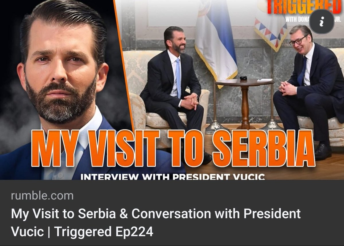 Watch the exclusive Interview with the President of Serbia Aleksandar Vučić and follow for more interesting, truthful and objective insights at <a href="/DonaldJTrumpJr/">Donald Trump Jr.</a> Rumble chanel! 👇
rumble.com/v6qli74-my-vis…
#UnitedStates #serbia  #aleksandarvucic #news #globalnews <a href="/realDonaldTrump/">Donald J. Trump</a>