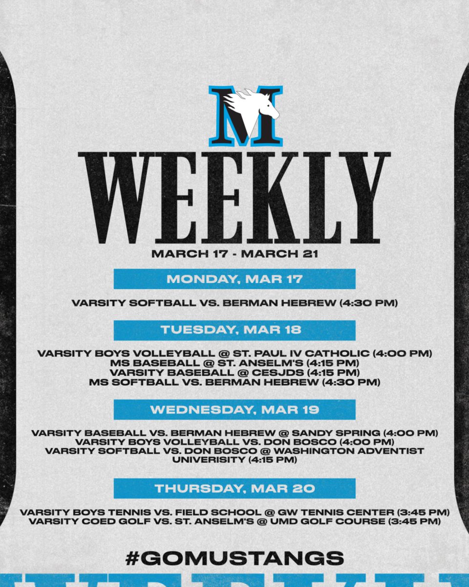 This Week at #McLeanSchool

Come out and support our student-athletes &amp; coaches before everyone heads out for Spring Break!

Go Mustangs!