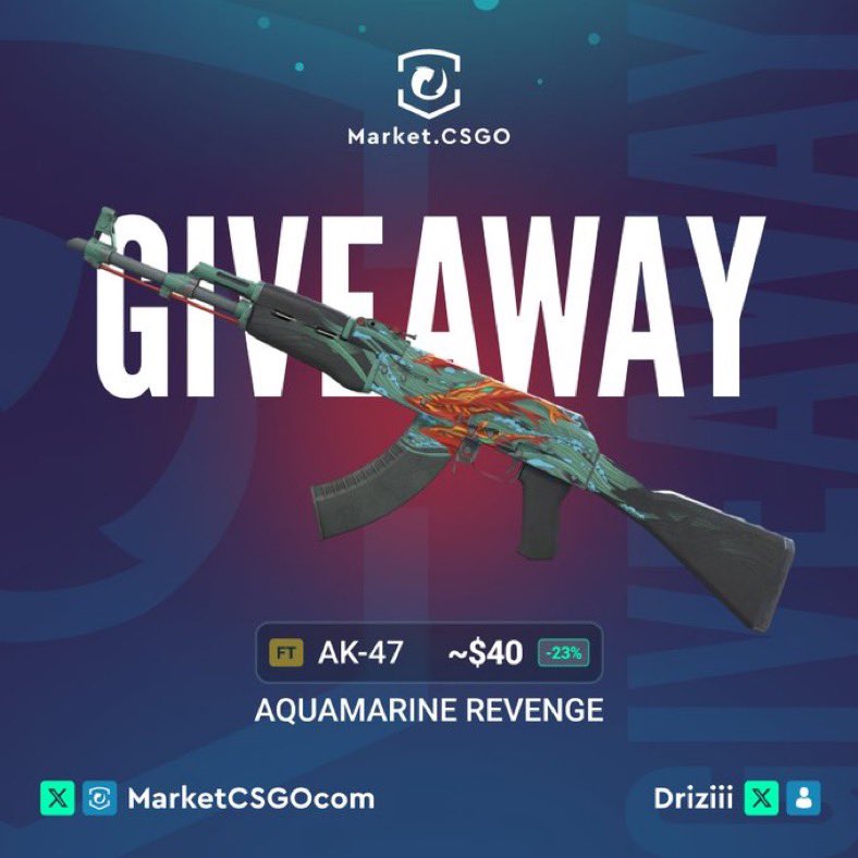 Driziii's tweet photo. 🎁 AK-47 | Aquamarine Revenge FT Giveaway 🎁

How to Enter:
1️⃣ Follow @marketcsgo + @Driziii
2️⃣ Like and Retweet this post
3️⃣ Tag at least one of your teammate under the comment section

💥 Winner will be announced on Mar 23rd. 
⏰ Don't miss your shot at this epic skin! Good luck!