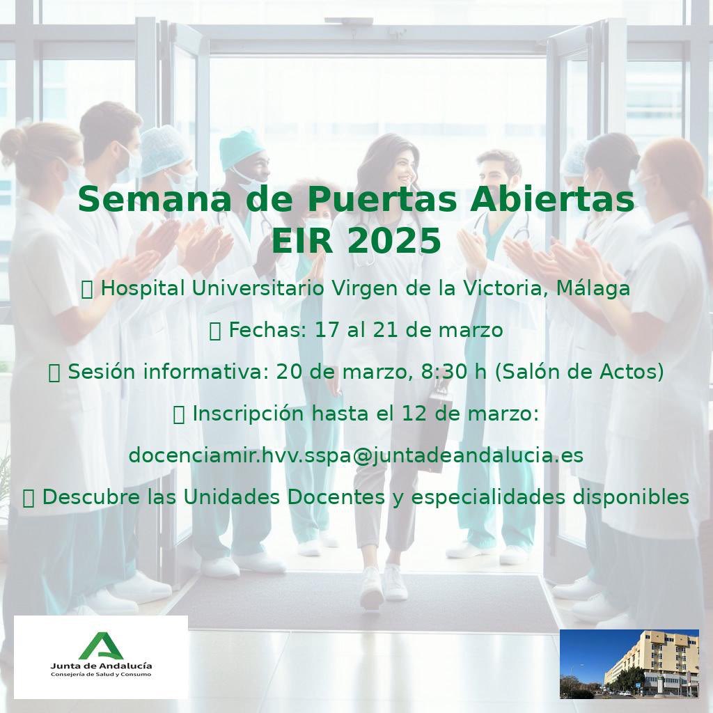 HUVV_SAS's tweet photo. 🔵 🎓 SEMANA  DE PUERTAS ABIERTAS EIR 2025 🎓

📍 Hospital Universitario Virgen de la Victoria - Málaga
📅 Del 17 al 21 de marzo

🔹 Conoce de primera mano nuestras Unidades Docentes.
🔹 Asiste a la sesión informativa el 20 de marzo a las 8:30 h en el Salón de Actos. @saludand https://t.co/UlVzhhmtOm