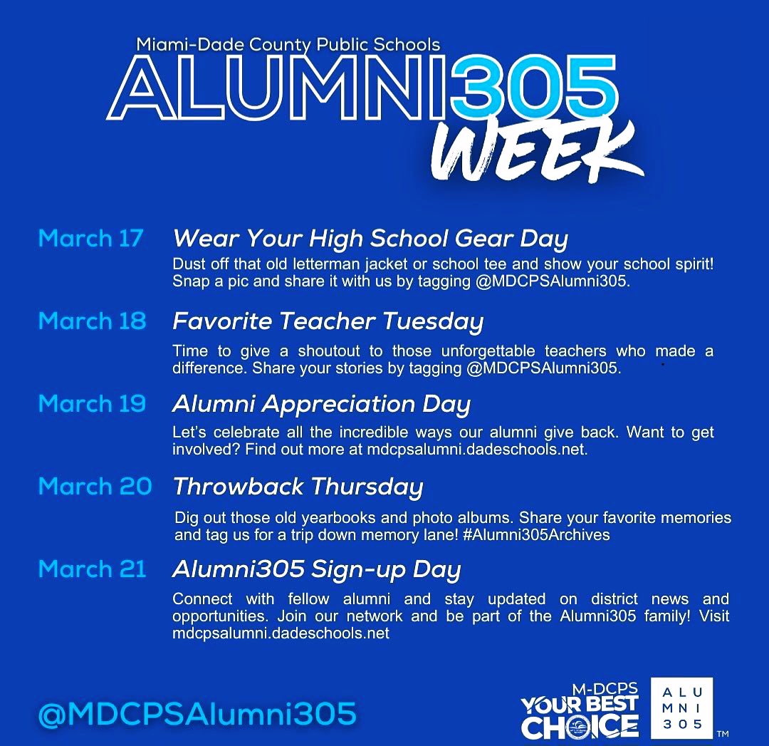 atmsenior (@atmsenior) on Twitter photo It’s #Alumni305 Week! Each day a special theme celebrating and inspiring the <a href="/MDCPS/">Miami-Dade Schools</a> community along with the new generations that are a part of this family #YourBestChoiceMDCPS <a href="/MDCPSNorth/">M-DCPS North Region</a> <a href="/SuptDotres/">Jose L. Dotres, Ed.D.</a> <a href="/MDCPSAlumni305/">Miami-Dade County Public Schools Alumni</a> It’s #Alumni305 Week! Each day a special theme celebrating and inspiring the <a href="/MDCPS/">Miami-Dade Schools</a> community along with the new generations that are a part of this family #YourBestChoiceMDCPS <a href="/MDCPSNorth/">M-DCPS North Region</a> <a href="/SuptDotres/">Jose L. Dotres, Ed.D.</a> <a href="/MDCPSAlumni305/">Miami-Dade County Public Schools Alumni</a>