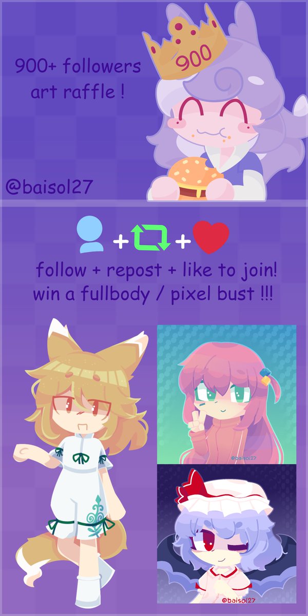 Thank you for 900 follows!!!💜🪸
I'll be hosting a raffle of a shaded fullbody/pixel bust! 
To join:  
✧ Follow (New followers welcome!)  
✧ Repost and like
✧ Comment with the character you want drawn! 
If we reach 1000+, there will be a second winner ^^