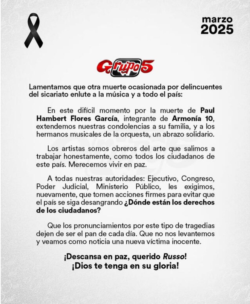 Hcoya's tweet photo. ¿Dónde están los derechos de los ciudadanos? Este es el duro mensaje del Grupo 5 tras el asesinato esta madrugada de Paul Flores García, conocido como ‘El Ruso’, vocalista de la emblemática agrupación Armonía 10. 👇👇👇 #armonia10 #musicaperuana https://t.co/uzDKEZ1NeD