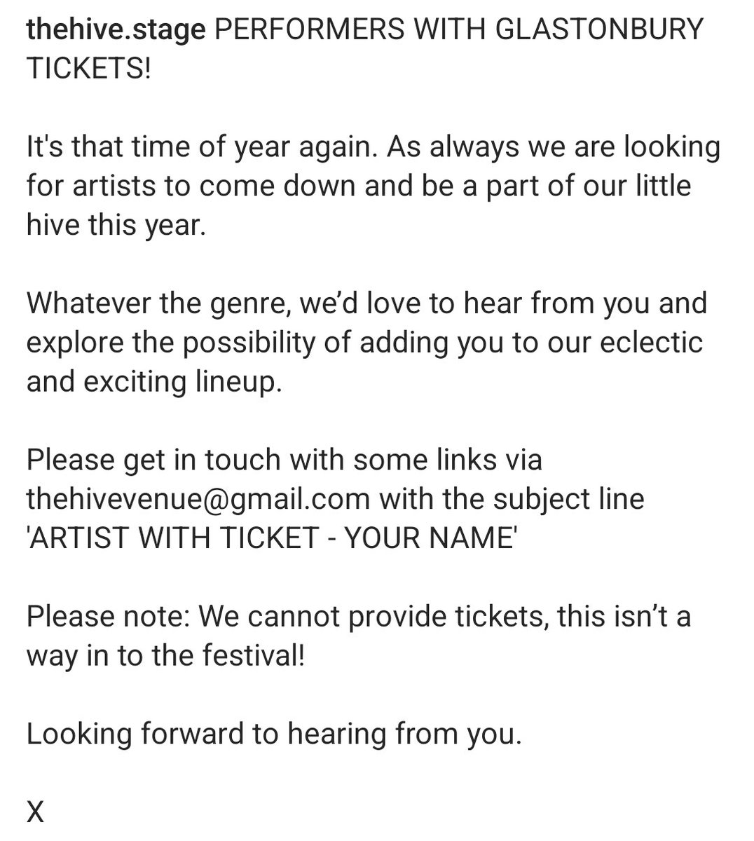 TheGlastoThingy's tweet photo. The Hive stage are looking for performers. You need to already have a ticket. https://t.co/k29xf5smmF