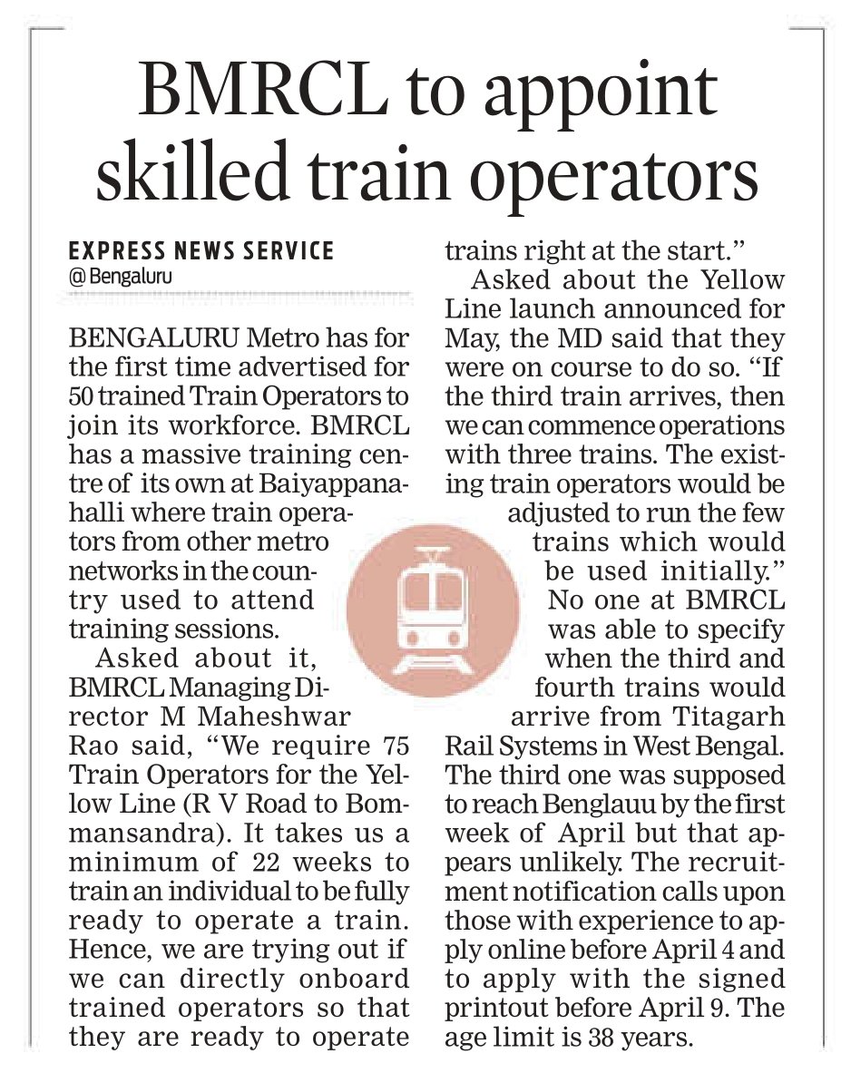 Lolita_TNIE's tweet photo. Bengaluru Metro calls for 50 experienced Train Operators (TOs) for its Yellow Line operations. A total of 75 are needed and we want to directly hire experienced ppl as a fresher needs to be trained for 22 weeks, says MD of @OfficialBMRCL @NewIndianXpress https://t.co/zZ83AgGCfd
