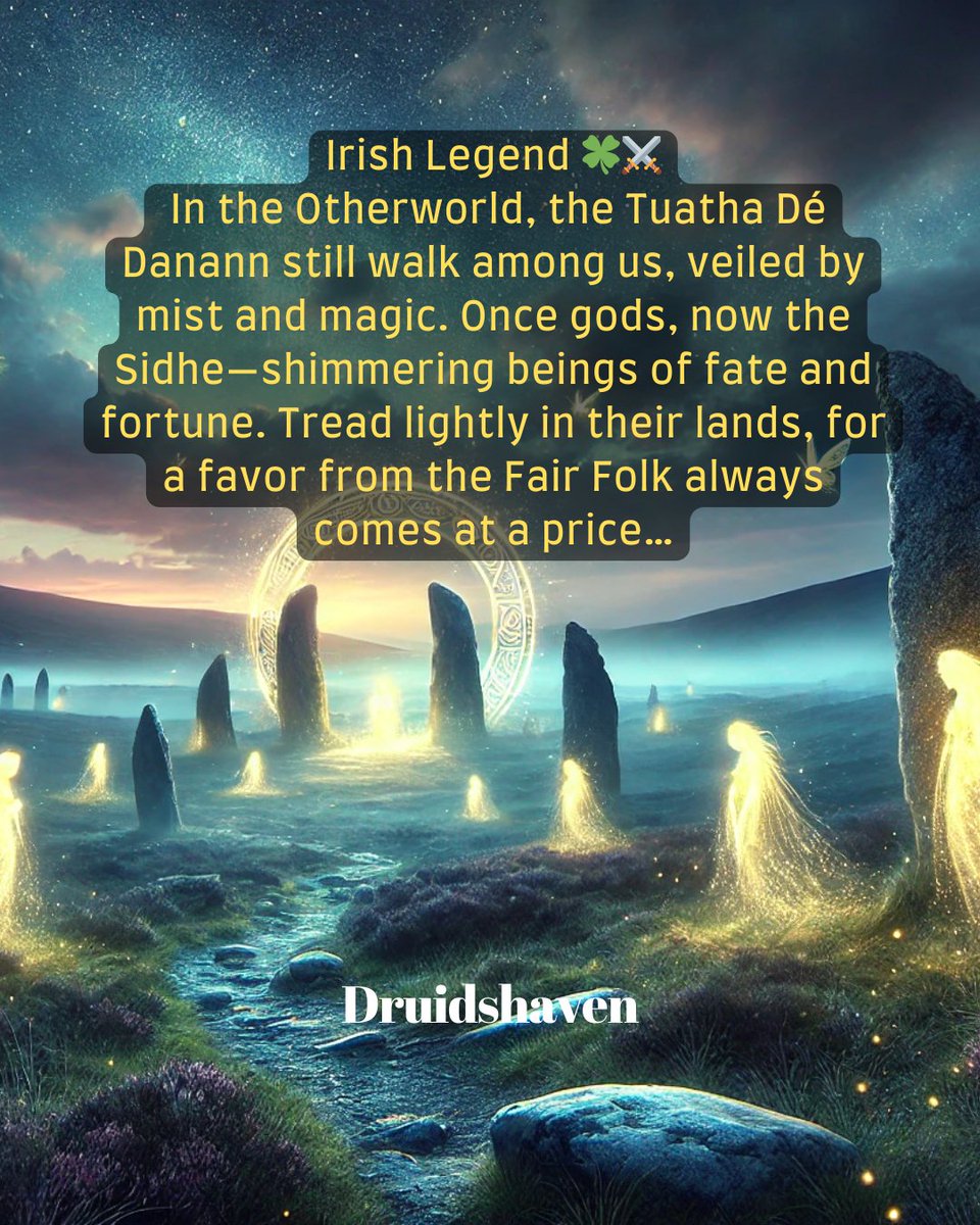 Druidshaven's tweet photo. Irish Legend  In the Otherworld, the Tuatha Dé Danann—now Sidhe—walk veiled in mist, shaping fate. Tread lightly; their favors have a price. True? #FolkloreSunday #IrishMythology #Sidhe Art: @Druidshaven https://t.co/atzC7cn7Fk