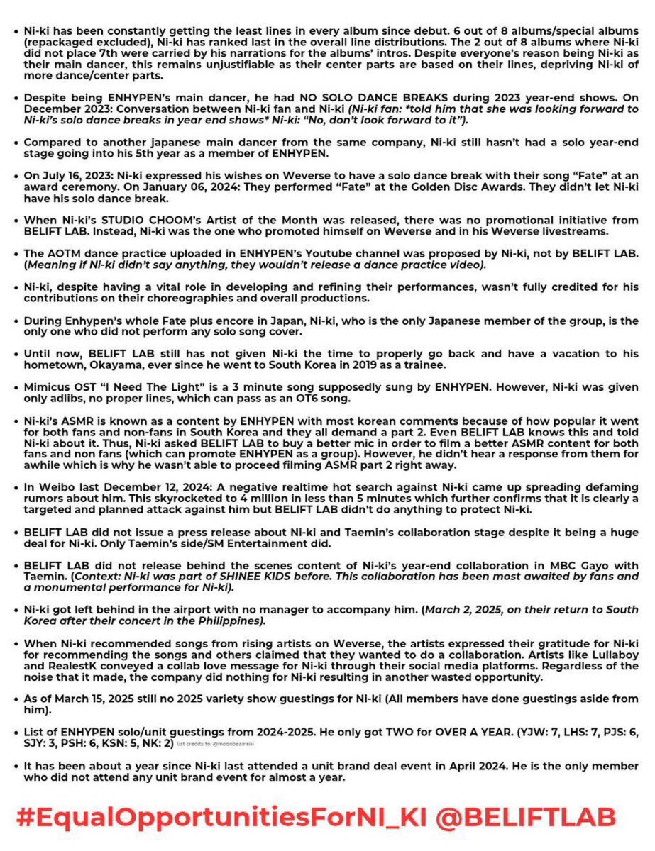 illitkarma's tweet photo. Ni-ki’s mistreatments have long existed since debut. It was beyond excluding him from korean variety shows.

Here is the list created by collective effort of Ni-ki fans to show you how grave the situation is for Ni-ki.

WE DEMAND @BELIFTLAB
TO GIVE #EqualOpportunitiesForNI_KI https://t.co/7TzXxpBQM8