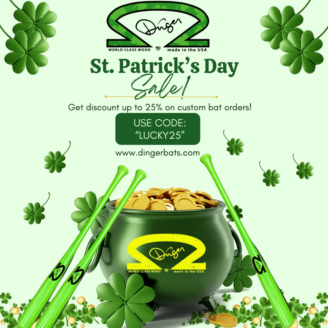 DINGERBATS's tweet photo. 🍀 Swing into savings with Dinger Bats' St. Patrick’s Day Sale! 🍀 Get 25% off custom wood bats now through 3/16! Use code "LUCKY25" at checkout and bring some Irish luck to the plate. ⚾💚 Shop now https://t.co/vhnapYosBi #DingerBats #TheyJustHitDifferent https://t.co/pJOQpuzKtF