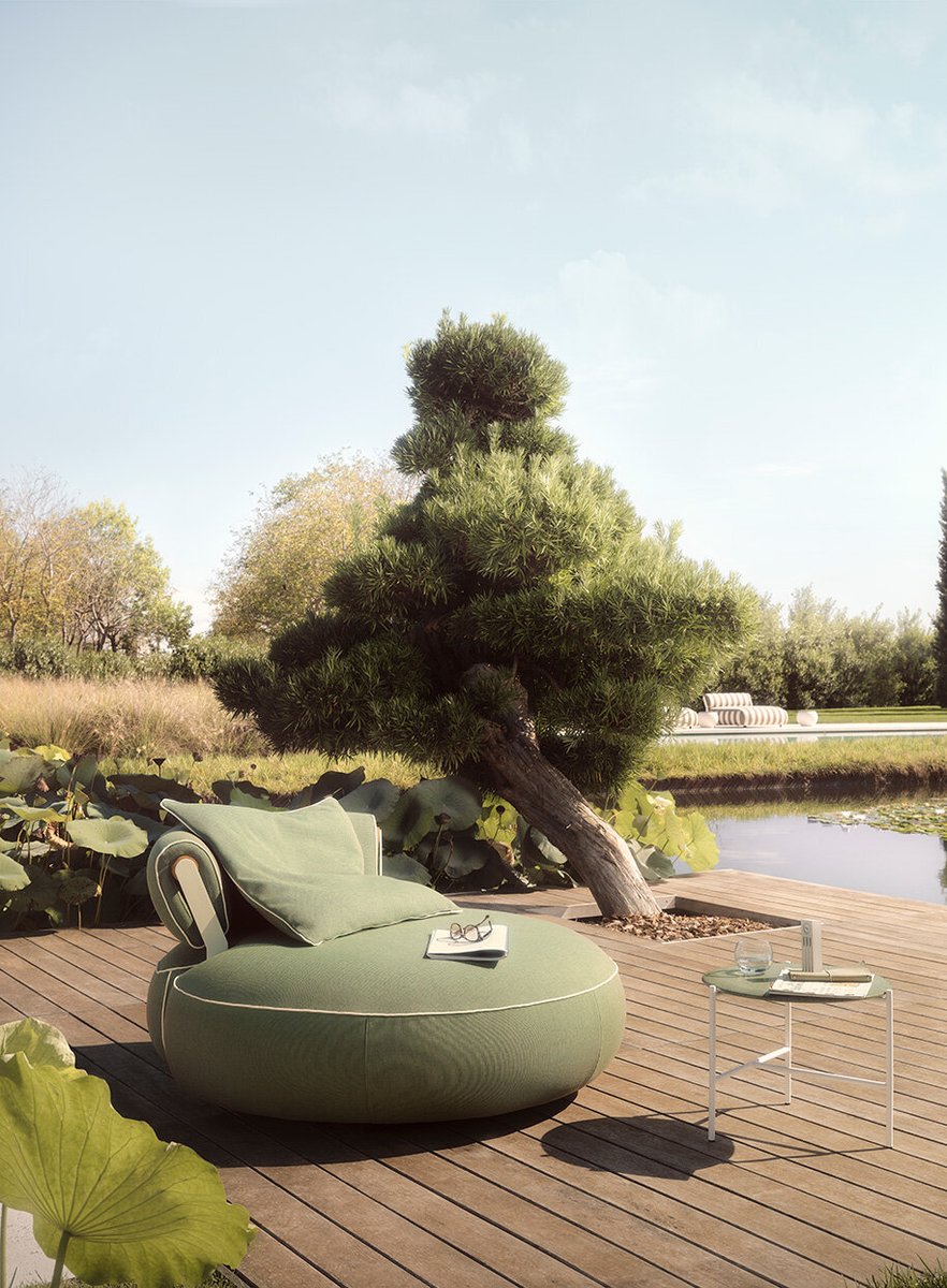 BiCiSrl's tweet photo. The wind gently brushes the leaves, the water reflects the sky, and time stretches into a moment of pure harmony. Here, between the greenery of nature and the comfort of design, the Meridiani chaise longue becomes an invitation to contemplation. https://t.co/o1DcTkhLMT