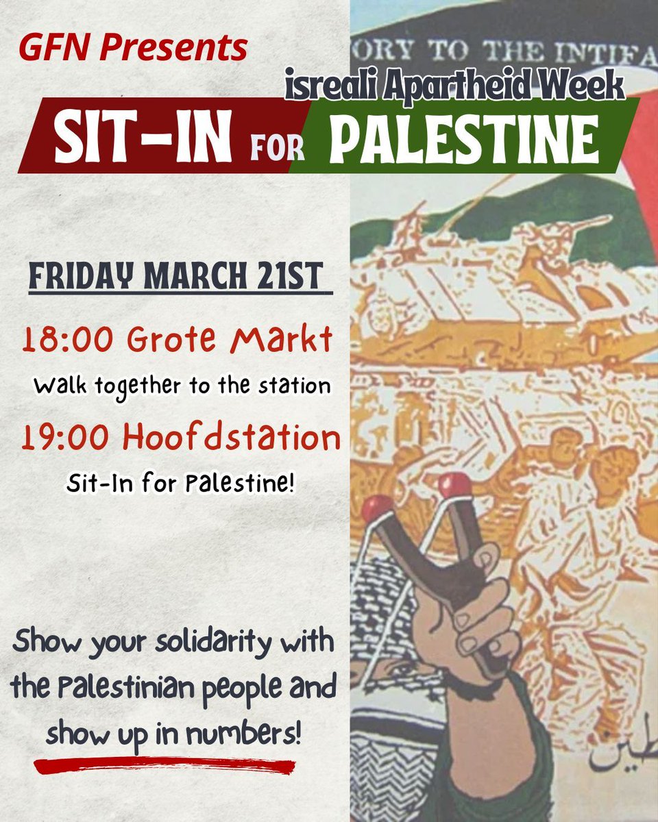 GroFemNet's tweet image. We will be kicking off israel apartheid week 2025 with a sit-in for Palestine at Hoofdstation. 
We will gather at the Grote Markt at 18.00, after that we will begin marching to the station.
Bring your friends, flags and kuffiyehs 🇵🇸

Food, water and safety team will be available.