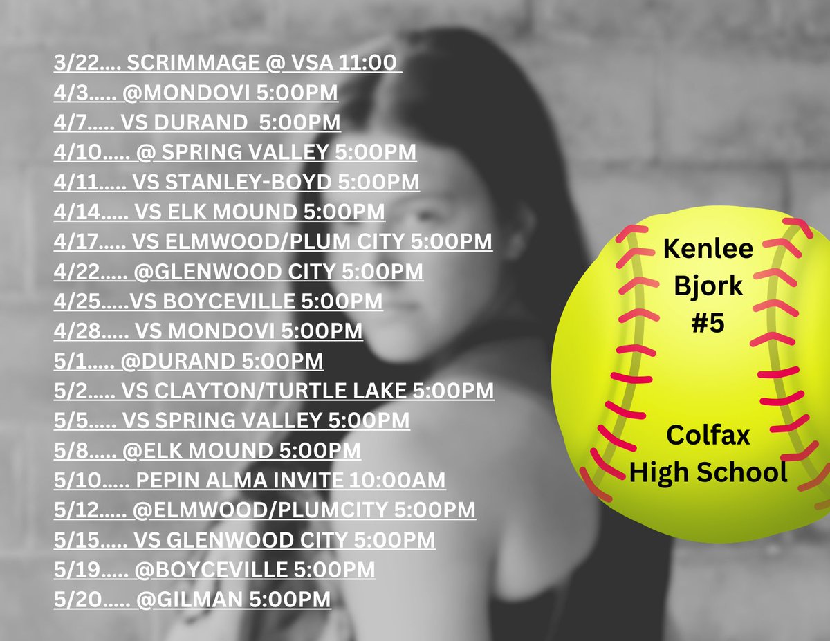 Here’s my softball schedule for upcoming season!!