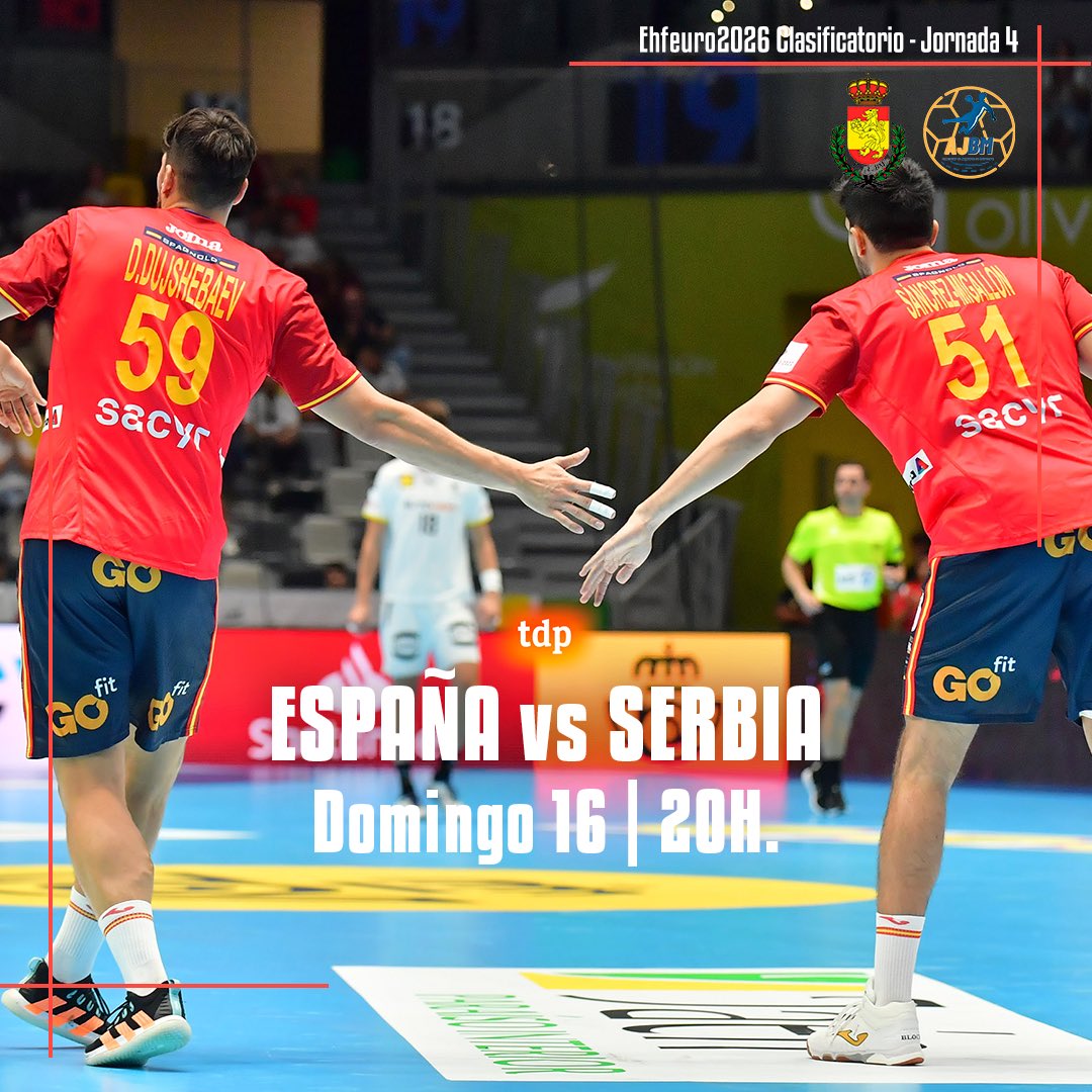 Esta noche, a las 20:00 h. ⏰, los #Hispanos 🤾🏻‍♂️ se medirán ante Serbia 🇷🇸 en el Quijote Arena 🏟️, en la cuarta jornada del clasificatorio para el #ehfeuro2026 🏆. El encuentro se podrá seguir en directo por @teledeportertve 📺

España 🇪🇸 está lista para darlo todo en casa 🏠