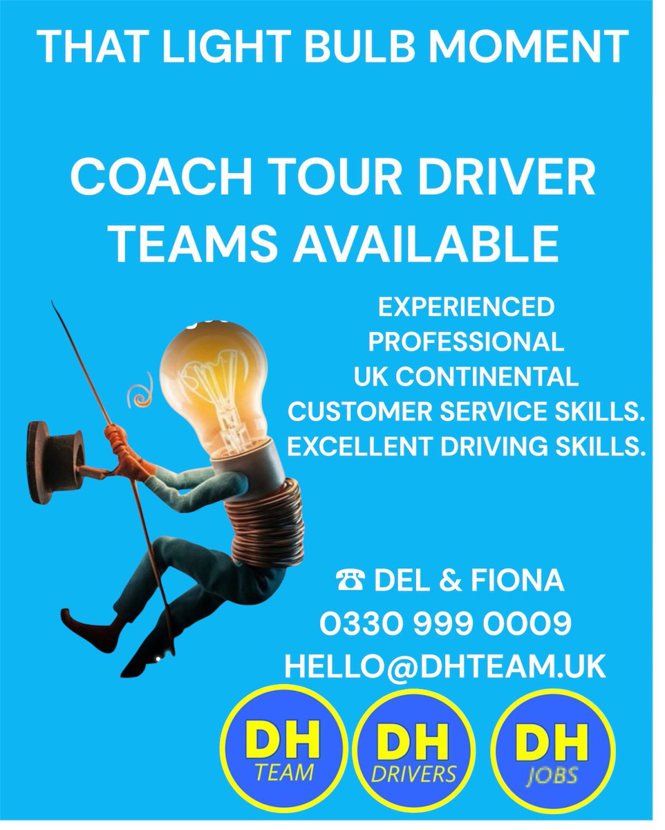 COACH OPERATORS: 
We have some excellent Teams of tour drivers available for 2025 &amp; onward. 
Continental tour experience 
Excellent knowledge of tours
Experienced tri axle drivers 

Call to discuss your requirements 

   ☎️.   Del &amp; Fiona.  0330 999 0009
   📧.   Hello@dhteam.uk