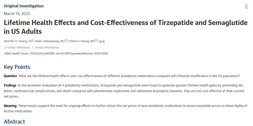 🚨 TIRZ &amp; SEMA: Cost-Effectiveness 🚨
💊 Powerful for wt loss &amp; cutting diabetes/heart dz risk, but not cost-effective at current net prices.
💰 To be a "good value," prices must drop 30%+ (TIRZ) &amp; 80%+ (SEMA).
📉 Bottom Line: Should insurers cover them? ow.ly/7j3E50ViL1j