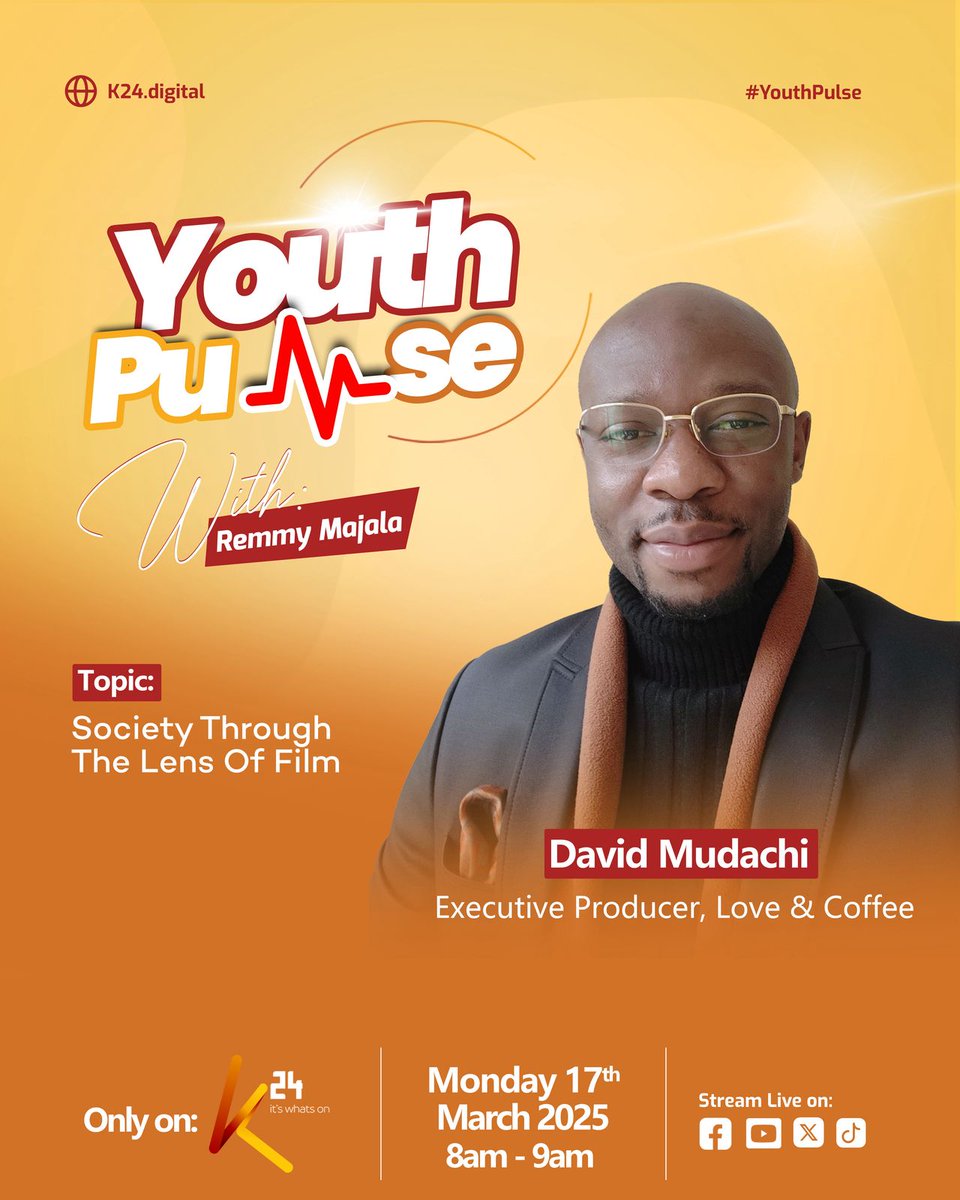 K24 TV (@k24tv) on Twitter photo Step into the world of film! Join <a href="/Remmymajala/">Rehema Majala</a> on Youth Pulse as we explore Society Through the Lens of Film with David Mudachi.
#YouthPulse Step into the world of film! Join <a href="/Remmymajala/">Rehema Majala</a> on Youth Pulse as we explore Society Through the Lens of Film with David Mudachi.
#YouthPulse