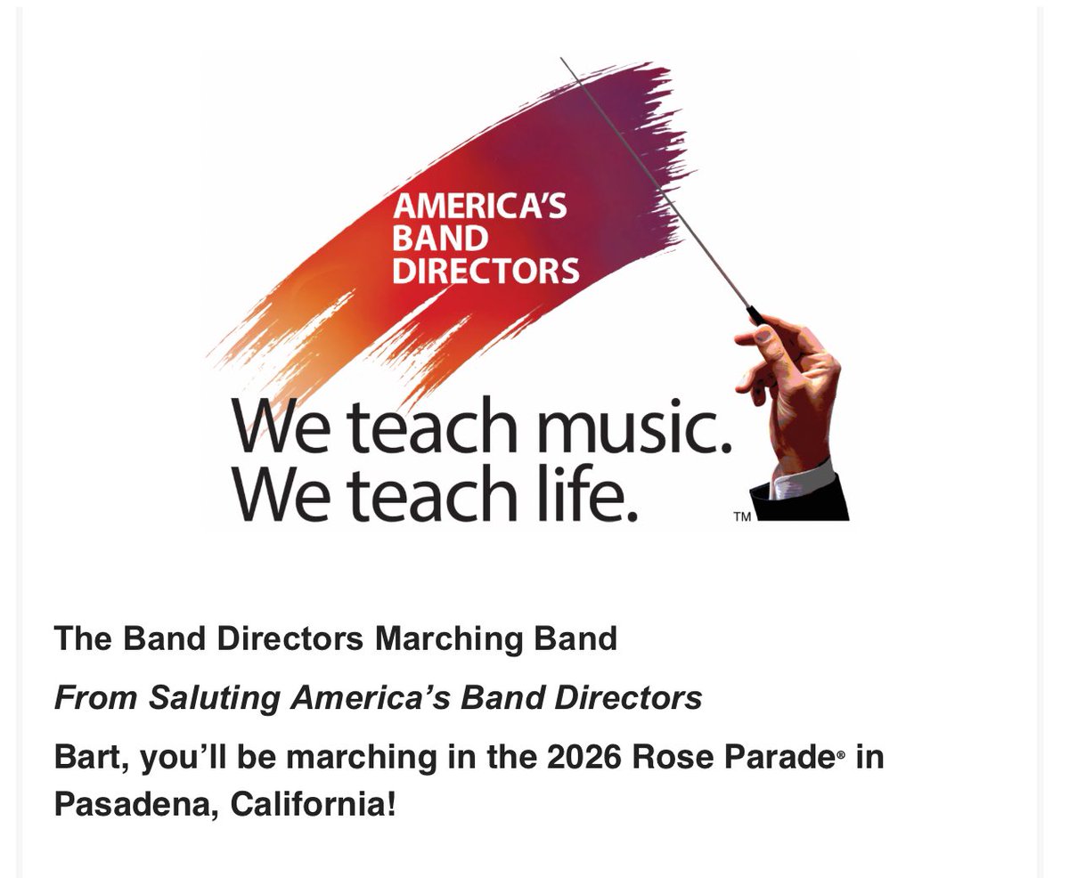 HealyBart's tweet photo. Big things happening! I will be marching in the 2026 Rose Parade with The Band Directors Matching Band. https://t.co/nzLWtJnbx1
