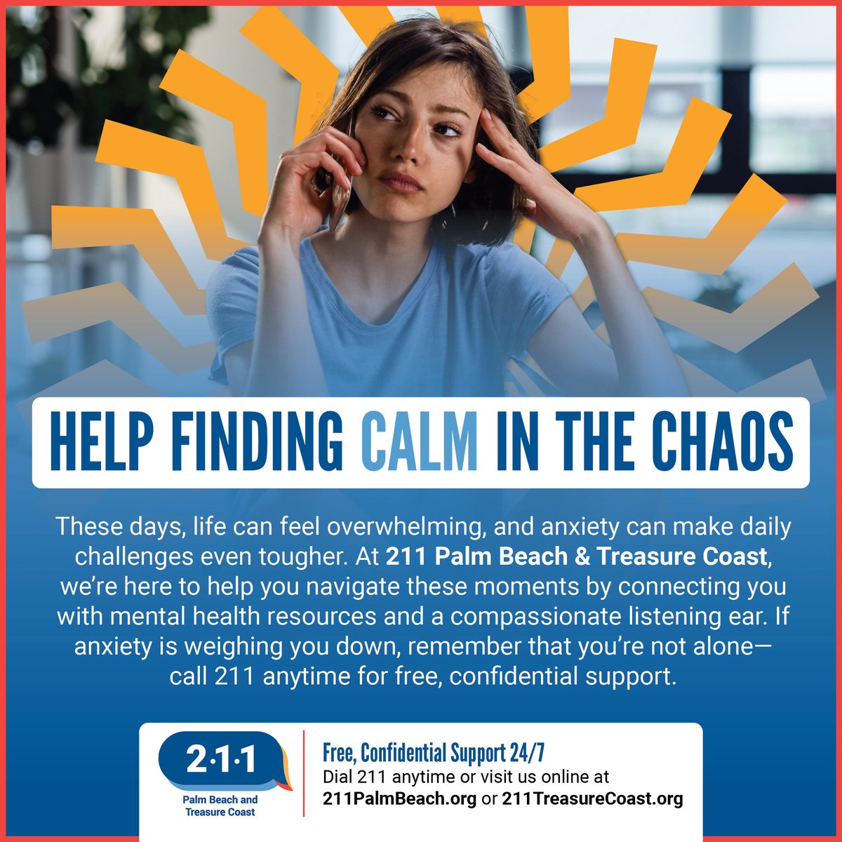 211_HelpLine's tweet image. 🧘♀️ FIND CALM IN THE CHAOS 🌊
Life can be overwhelming, but you're not alone. ❤️ Call 2-1-1 for FREE, confidential support 24/7. 💬
#MentalHealthMatters #YouAreNotAlone #211Support