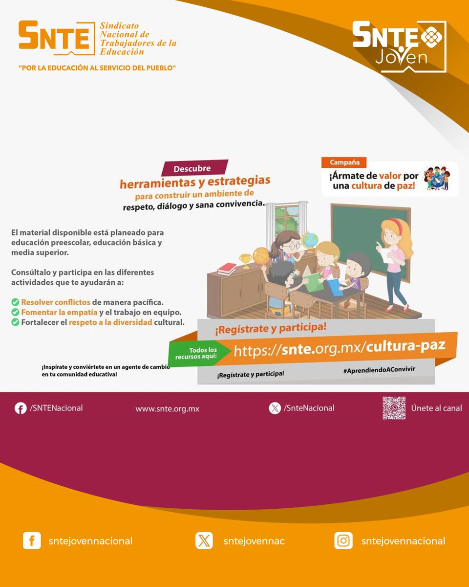 sntejovennac's tweet photo. ¡Á𝕣𝕞𝕒𝕥𝕖 𝕕𝕖 𝕧𝕒𝕝𝕠𝕣 𝕡𝕠𝕣 𝕦𝕟𝕒 𝕔𝕦𝕝𝕥𝕦𝕣𝕒 𝕕𝕖 𝕡𝕒𝕫!
👩🏻‍🏫👨🏻‍🏫Descubre herramientas y estrategias para la construcción de un ambiente escolar lleno de respeto, diálogo y sana conviviencia.
¡Regístrate y participa!
🔗https://t.co/jQihurJGMb

#AprendiendoAConvivir https://t.co/mmRHOa3W5g
