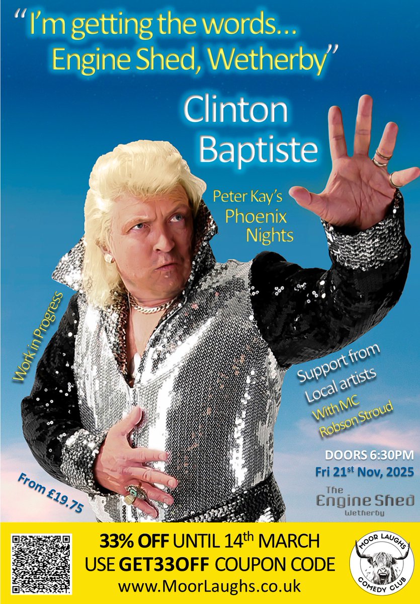 MoorLaughs's tweet photo. Now - Sunday - is the final day of this incredible special offer! 33% off tickets to see Angelos Epithemiou and Clinton Baptiste (work in progress) at the Wetherby Engine Shed. Use '33OFF' and 'GET33OFF' coupon code on General Admission tickets from https://t.co/dz4rOkrWQe https://t.co/he0T9KAPNj