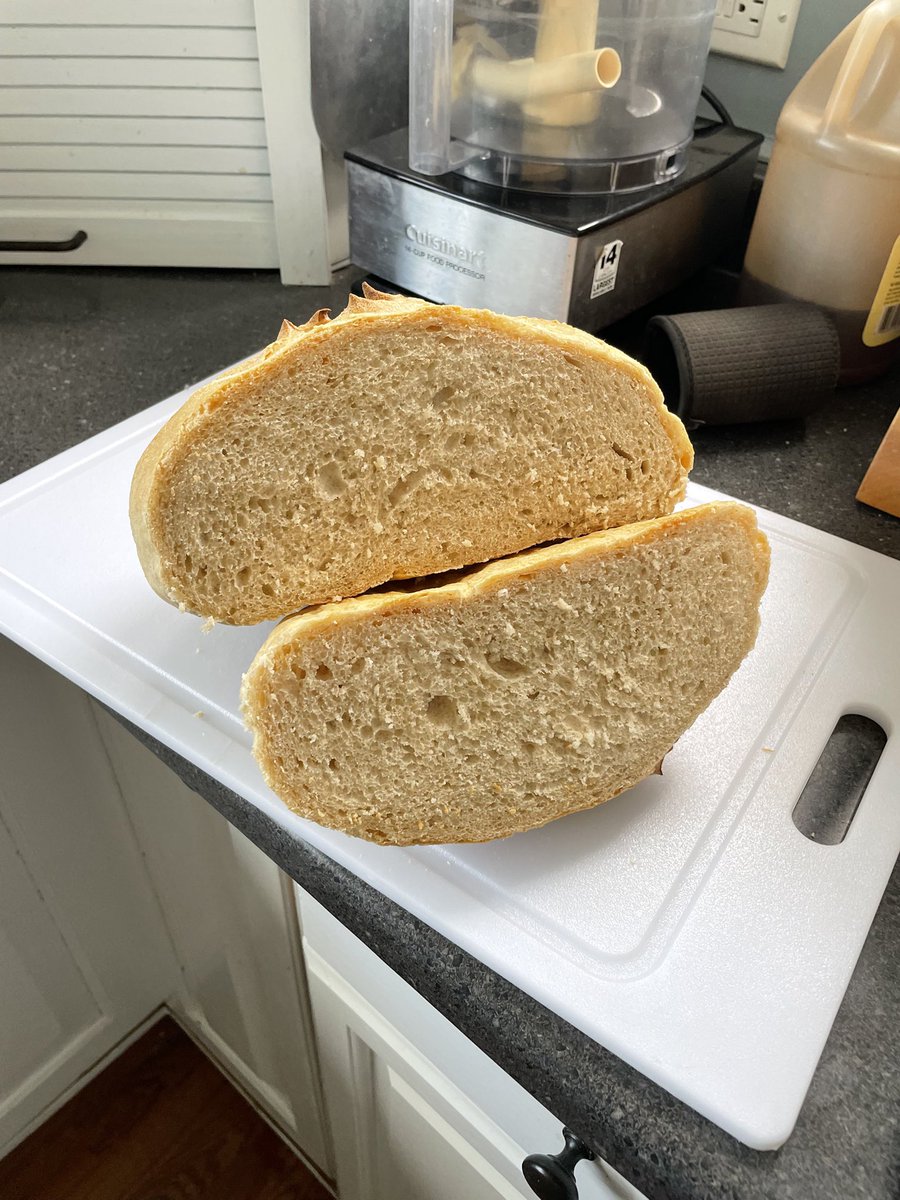 Captgccs's tweet image. Sour Dough - bread & whole wheat flour, water, starter, mix. 60m rest stretch and turn. 30m rest stretch & turn, 30m rest and form. Rise 45, bake @ 480, in a dutch oven. 18 minutes remove cover, bake 20 more.
FORGOT THE SALT! @LaurenGruel