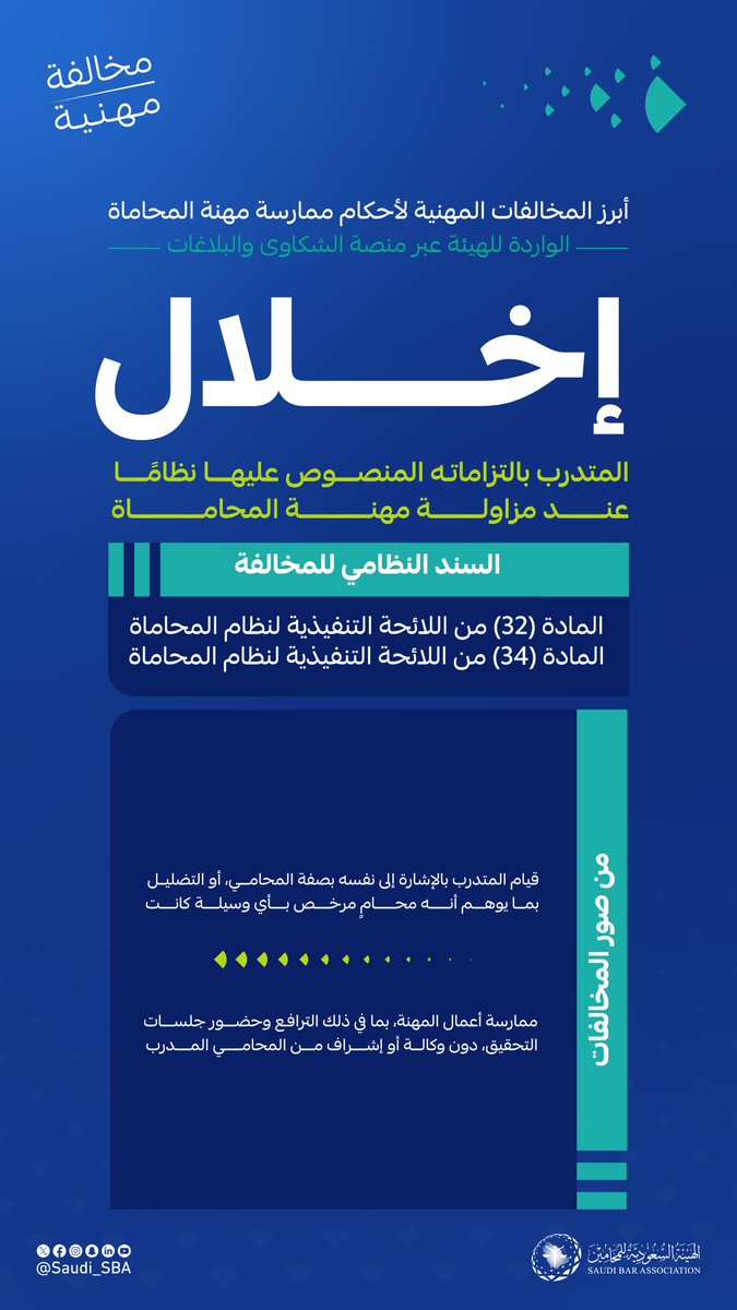 Saudi_SBA's tweet photo. #مخالفة_مهنية ⛔

المحامي المتدرب لا يأخذ صفة المحامي الموثوق، أو يمارس أعماله دون وكالة وإشراف المحامي المدرب.

#الهيئة_السعودية_للمحامين https://t.co/Z8NNdvwdt5