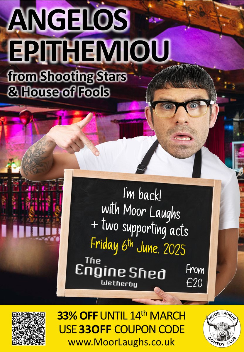MoorLaughs's tweet photo. Now - Sunday - is the final day of this incredible special offer! 33% off tickets to see Angelos Epithemiou and Clinton Baptiste (work in progress) at the Wetherby Engine Shed. Use '33OFF' and 'GET33OFF' coupon code on General Admission tickets from https://t.co/dz4rOkrWQe https://t.co/he0T9KAPNj