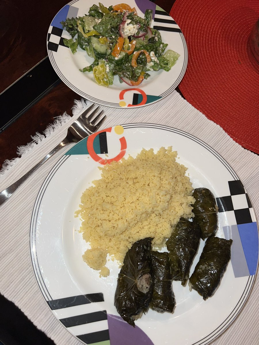 saltfist's tweet photo. Last night for #TableSalt homemade lamb dolmas, cous cous, and a Greek salad. I usually prefer to roll something other than grape leaves… but this was yummy! https://t.co/HK1tr9mywC