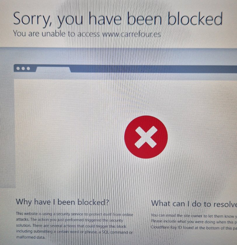 dubas's tweet photo. @CRFresponde No tengo acceso a la web de carrefour ni a la aplicación para hacer mis compras me sale que la web está bloqueada por cloudflare. Da igual que use mi línea se movistar en casa o mi línea móvil https://t.co/fqZbWS4j7t