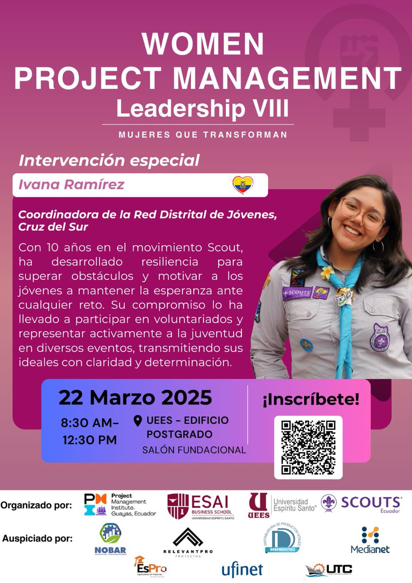 ✨Nos complace anunciar la intervención especial de Ivana Ramírez, Coordinadora de la Red Distrital de Jóvenes Cruz del Sur, en el Conversatorio de Mujeres en Gestión de Proyectos durante el evento "Women Project Management Leadership - 8 ava edición #PMIGuayas #mujereslideres