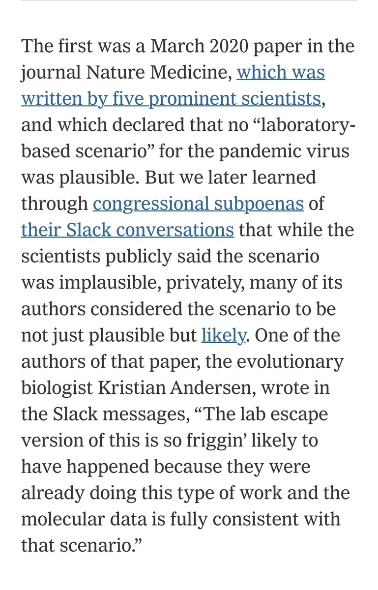 KanekoaTheGreat's tweet photo. NEW: The New York Times published an op-ed blasting scientists and government officials for covering up evidence that COVID-19 likely originated from a gain-of-function lab leak.

Five years too late. 

The piece condemns Francis Collins, Anthony Fauci, Peter Daszak, Jeremy Farrar, Kristian Andersen, the authors of the Proximal Origin paper, and EcoHealth Alliance for publishing deceptive studies labeling the lab leak theory a conspiracy, even while privately admitting: 

"The lab escape version of this is so friggin' likely to have happened because they were already doing this type of work and the molecular data is fully consistent with that scenario."

The op-ed delivers an ominous warning: This ongoing cover-up and denial mean that dangerous gain-of-function experiments, the exact kind of research that likely created COVID-19, are still happening right now in inadequately secured labs, quietly endorsed by the scientific establishment.

It's not a question of if, but when, the next deadly virus escapes.

Remember when the NYT would call you a misinformation spreader, and social media platforms would ban you for believing COVID-19 originated in a lab?