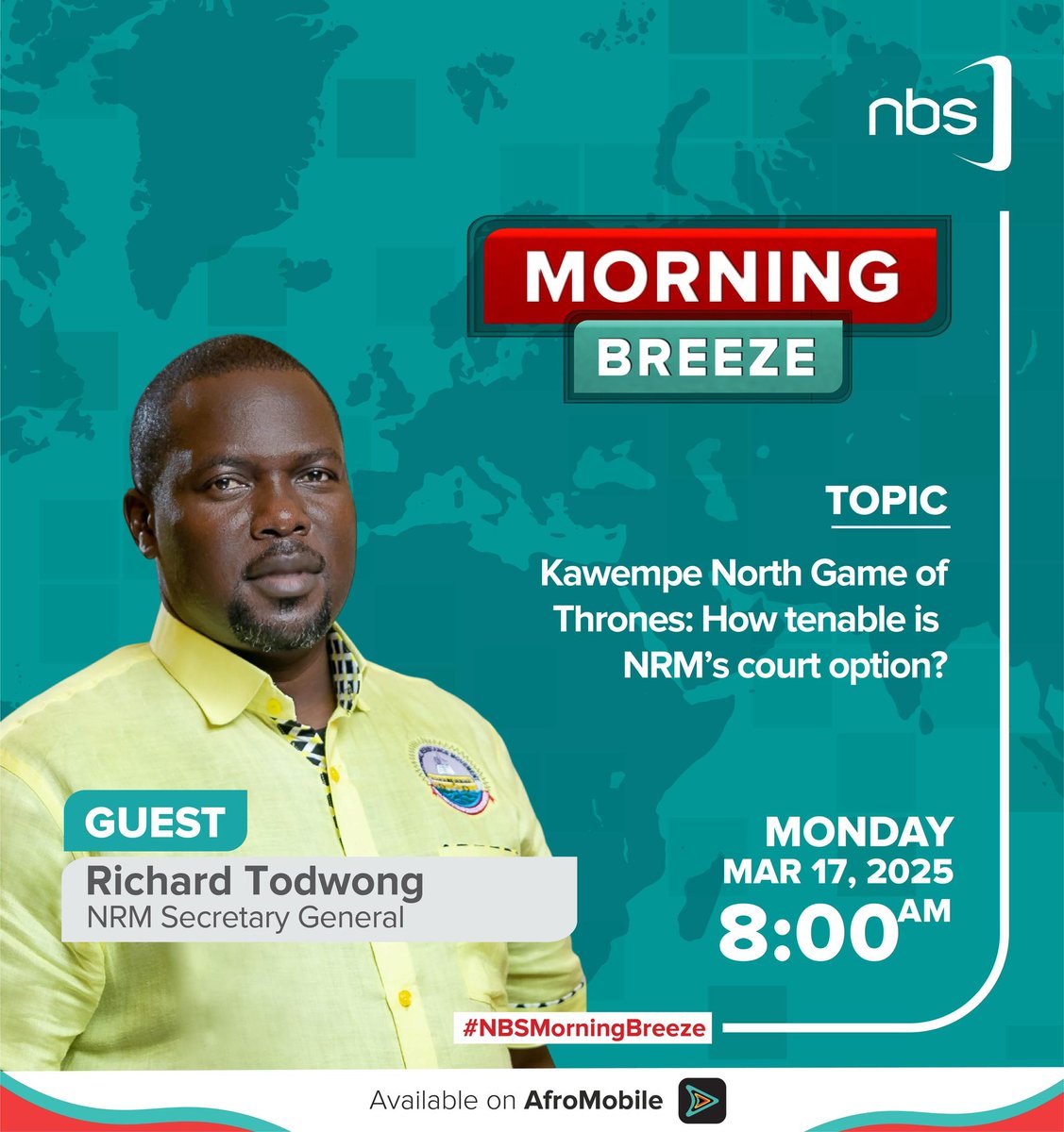 Kawempe North Game of Thrones: How tenable is NRM's court option?

<a href="/NUP_Ug/">National Unity Platform</a> SG, <a href="/DavidLRubongoya/">David Lewis Rubongoya</a> and <a href="/NRMOnline/">NRM Party</a> SG, <a href="/TodwongR/">Todwong Richard</a> will join us tomorrow for the Topical Discussion to discuss this and more, starting at 8 AM.

Host: <a href="/SimonKaggwaNjal/">Simon Kaggwa Njala</a>

Don't miss!

#NBSMorningBreeze