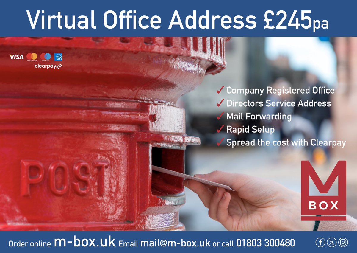 Running a business from home? 👨🏻‍💻

Get your own Virtual Office Address for only £245pa 📬

✅ Company Registered Office
✅ Directors Service Address
✅ Alternative to a P O Box
✅ Rapid Setup
✅ Spread the cost with Clearpay

🛒 Order online now ⬇️

square.link/u/Rf6XFtLp