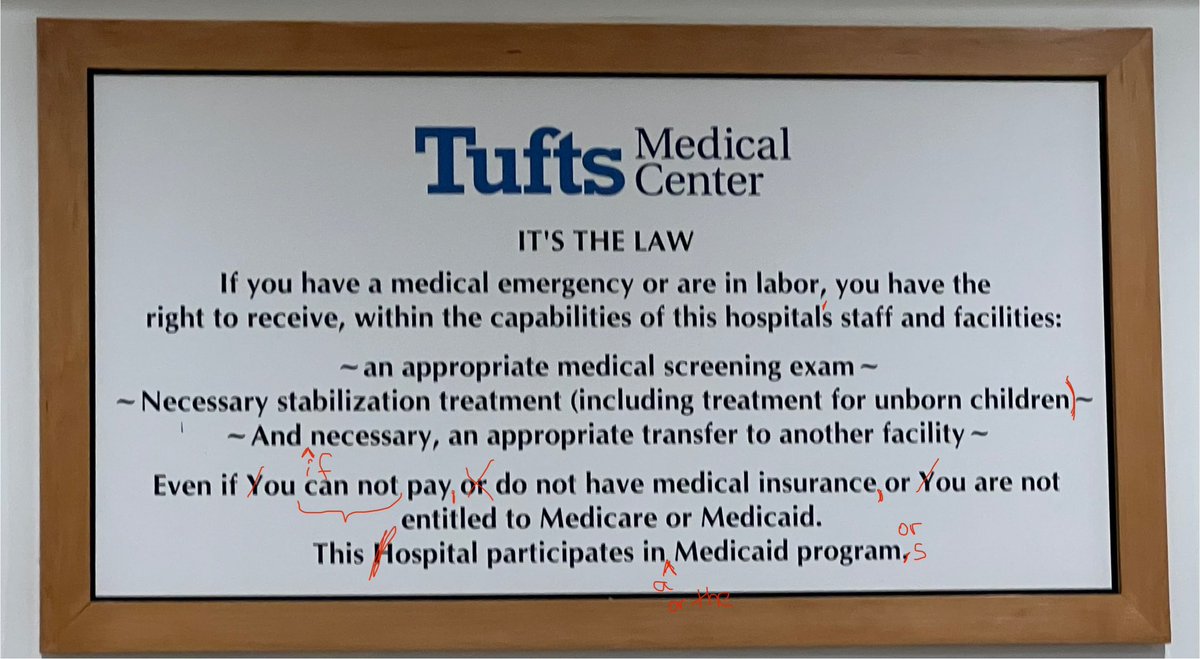 PartiallyRachel's tweet photo. @TuftsMedicalCtr who do I contact to get this sign fixed? It’s riddled with typos and grammatical errors. Seen in the Tufts ER. https://t.co/x8ax712LMs