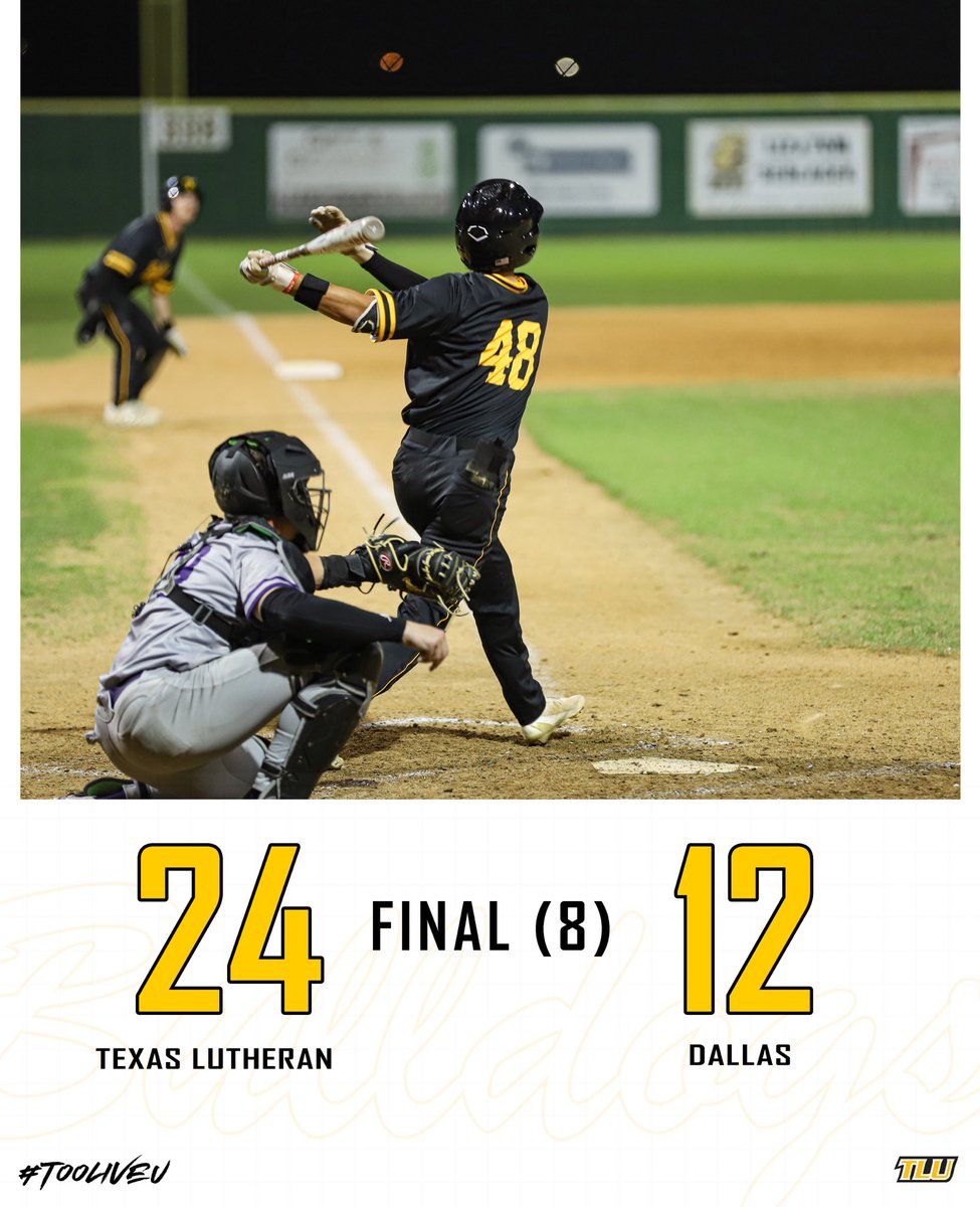 tluathletics's tweet photo. A WHOLE LOT of offense 😳

Freshman @coopajj hits for the CYCLE with 7 RBIs, @KashDurkin hits his SCAC leading 8th home run of the season &amp; six Bulldogs drive in runs to clinch the series

#TooLiveU | #PupsUp | #d3bsb https://t.co/OhMn94RmqU