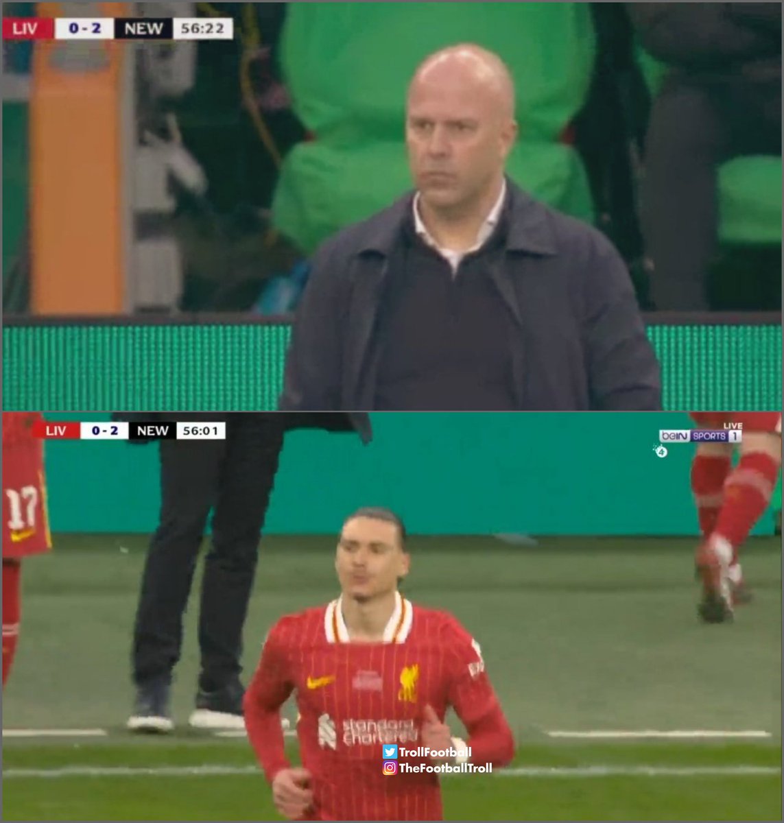 TrollFootball's tweet photo. Liverpool needs 2 goals in a Cup final and they bring on Darwin Nunez... https://t.co/zVOMzcVMGr