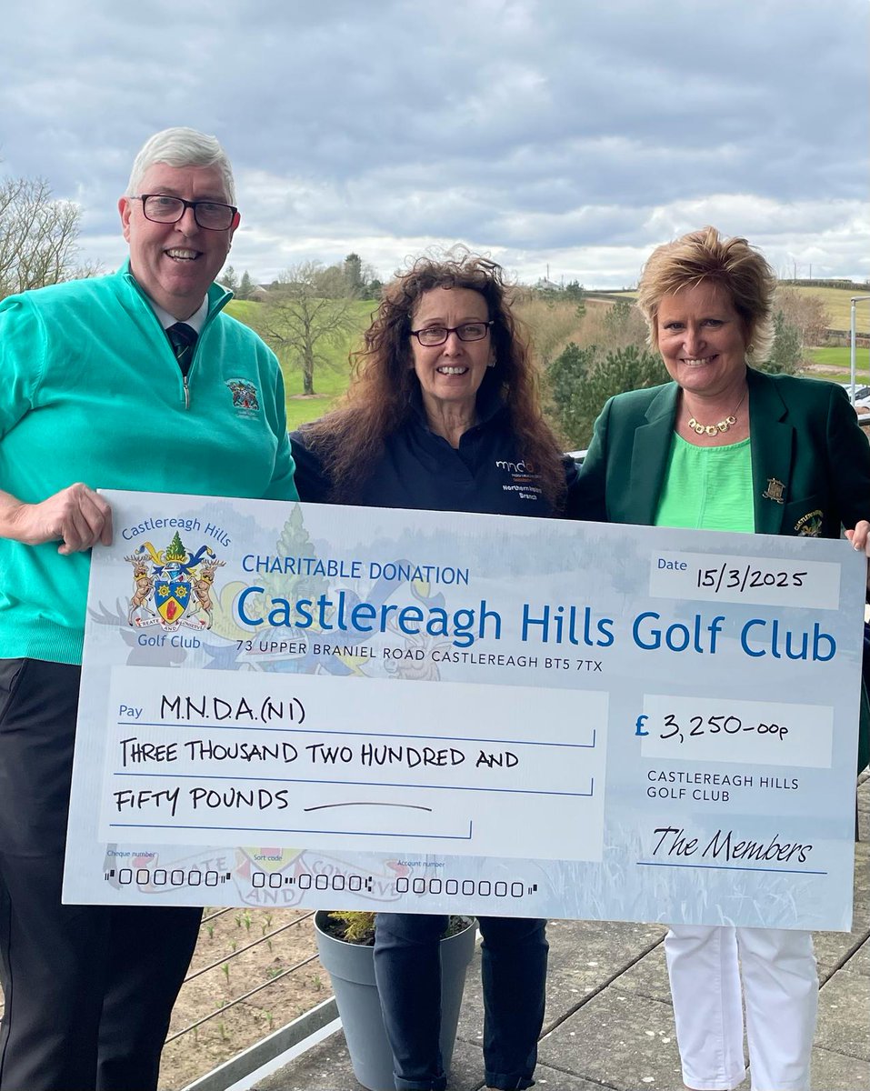 Thank you to Castlereagh Hills Golf Club who made MNDA their charity of the year. Here committee member Mags receives a cheque from John Mc Caffrey (Gent's Captain) and Mary Stewart (Lady Captain).