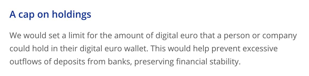 The ECB says it will limit the amount of money people can store in digital euros to, in their words, "prevent excessive outflows of deposits from banks."  It's never a good sign when you have to lock people in...